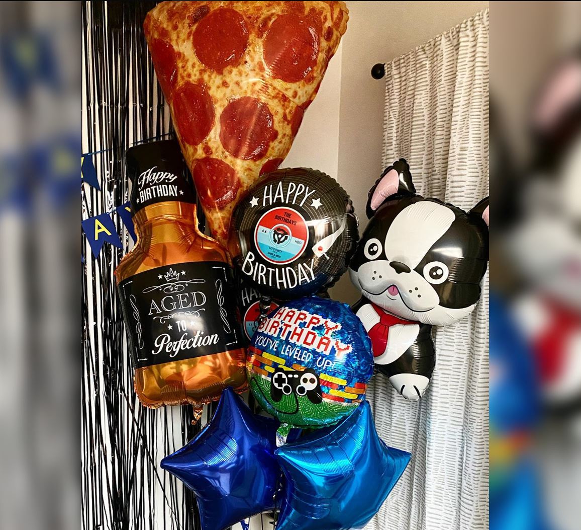 Food Theme Champagne Bottle And Game On Balloon Bouquet