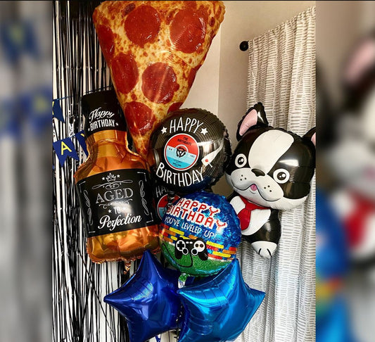Food Theme Champagne Bottle And Game On Balloon Bouquet