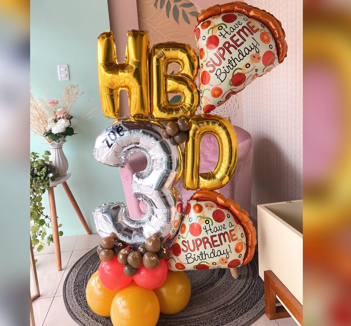 Food Theme 3rd Birthday Pizza Balloon Bouquet