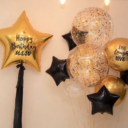 HBD Gold Star And Confetti Bubble Balloon Bouquet
