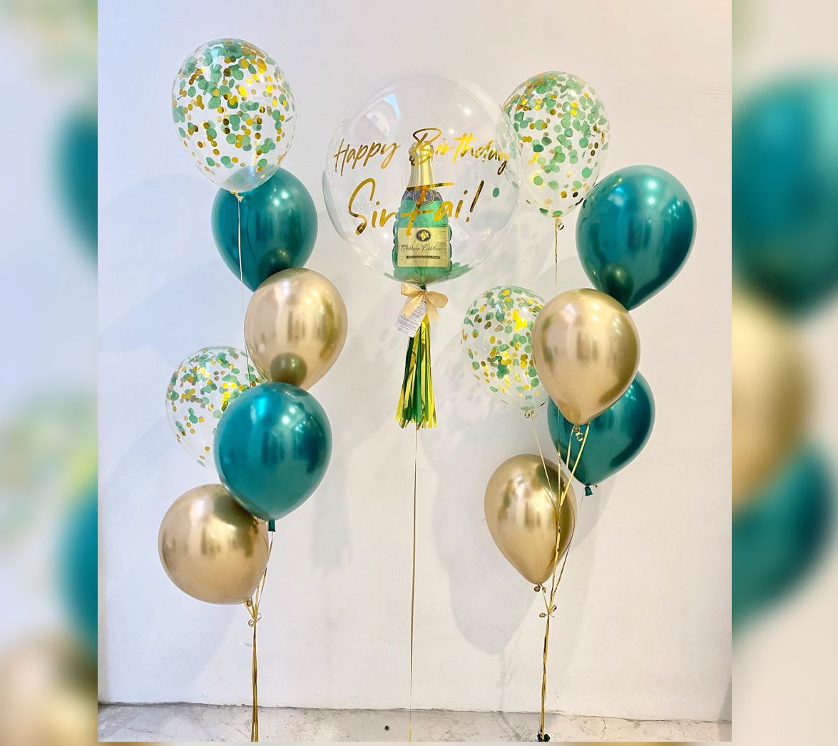 HBD Champagne Bottle And Personalized Bubble Balloon Bouquet