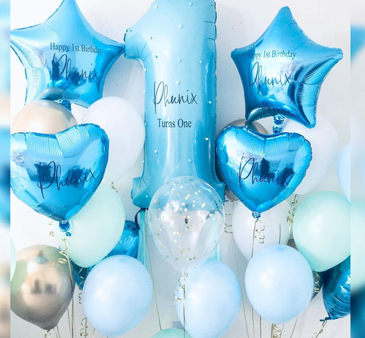 1st Birthday Blue Heart & Star Latex Balloon Bouquet