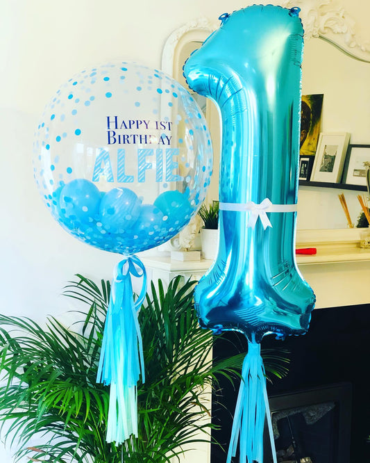 Blue Confetti Bubble 1st Birthday Balloon Bouquet