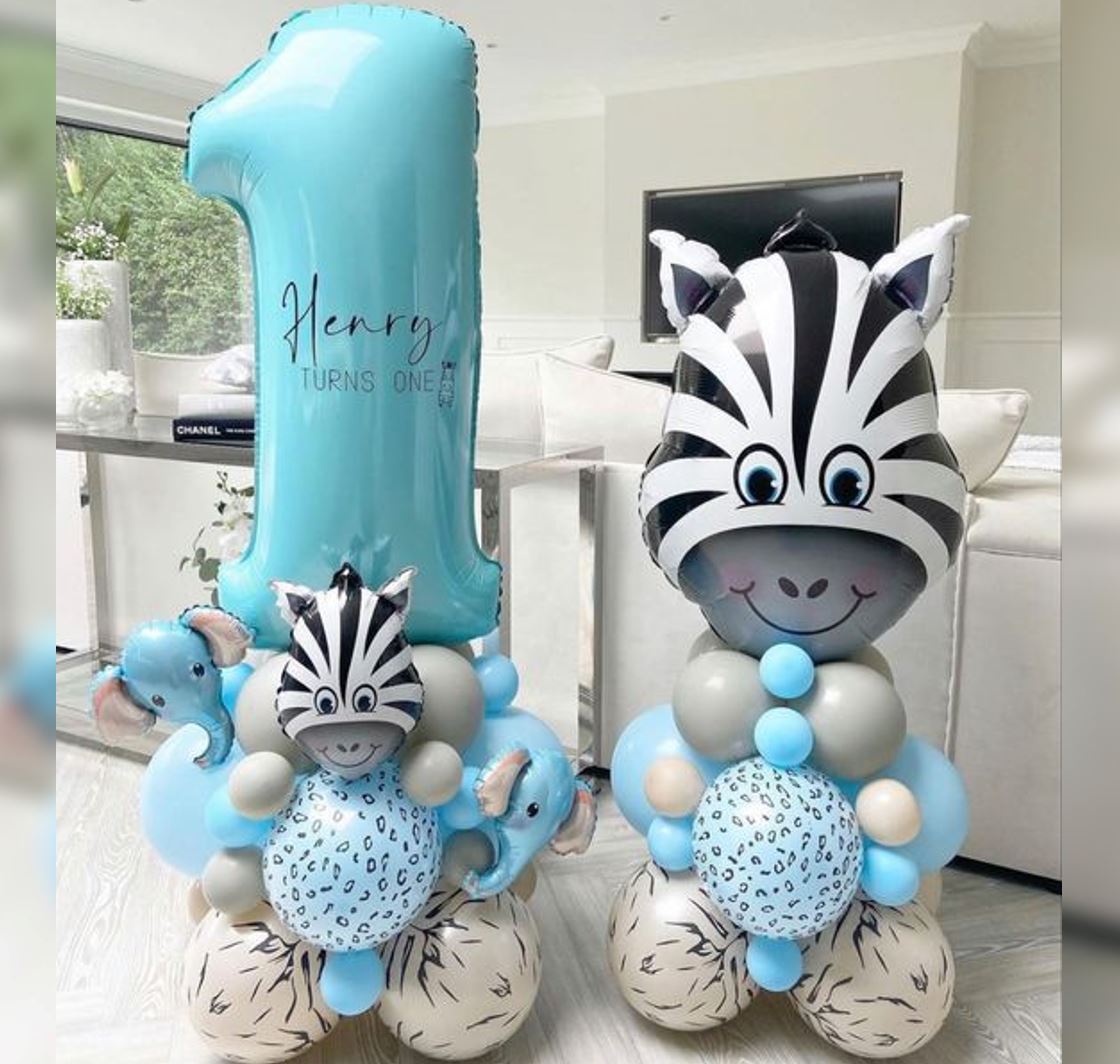 Jungle Animal Zebra Theme 1st Birthday Balloon Bouquet