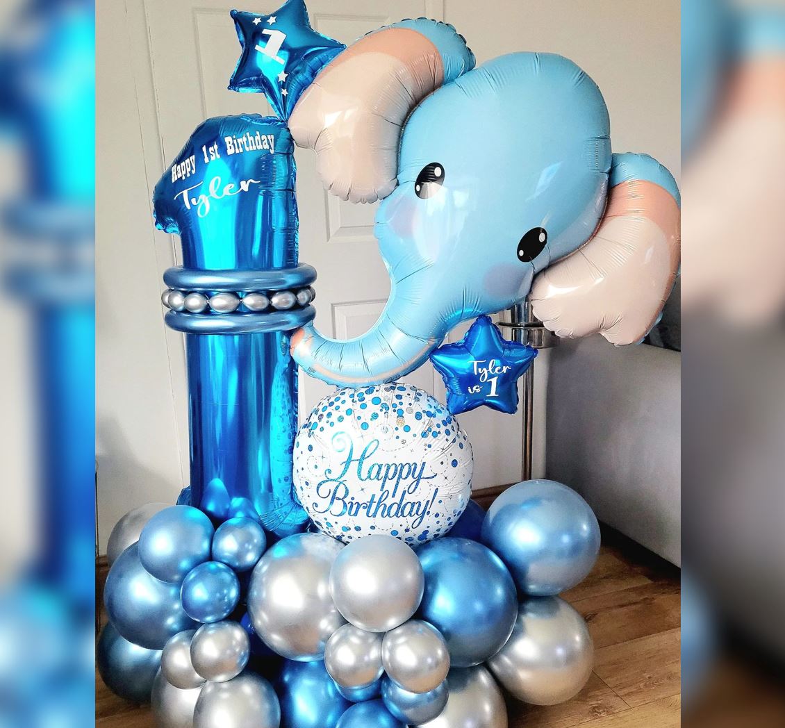 Elephant Theme Sparkling 1st Birthday Balloon Bouquet