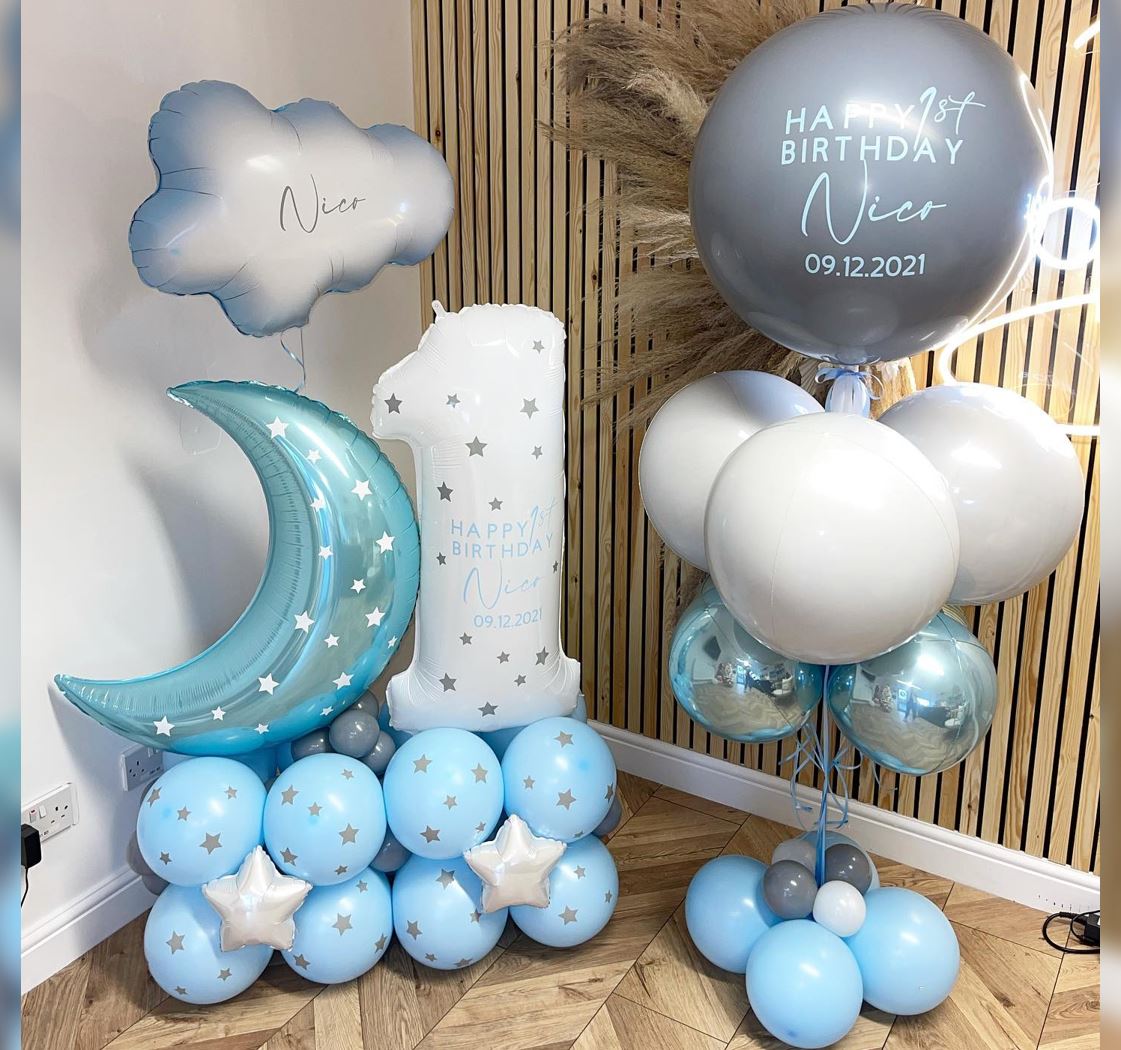 1st Birthday Boy Crescent & Cloud Balloon Bouquet