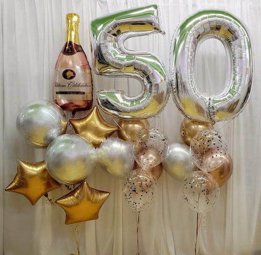 50th Birthday Champagne Bottle Star And ORBz Balloon Bouquet