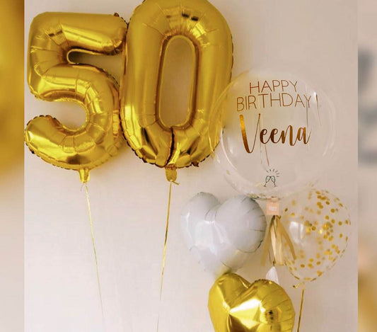 Golden Heart And Bubble 50th Birthday Balloon Bouquet