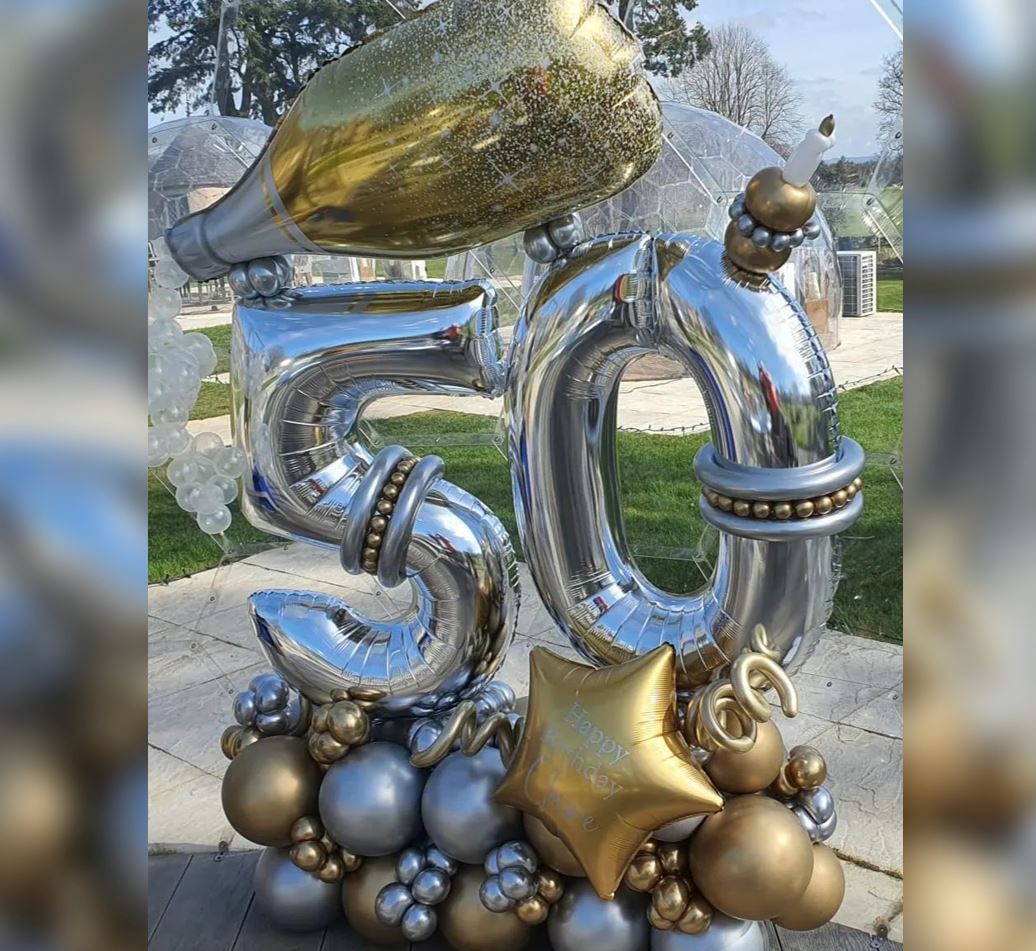 50th Golden Champagne Bottle Cluster Balloon Bouquet