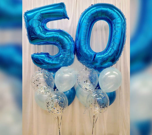 50th Birthday Blue Chrome And Confetti Balloon Bouquet