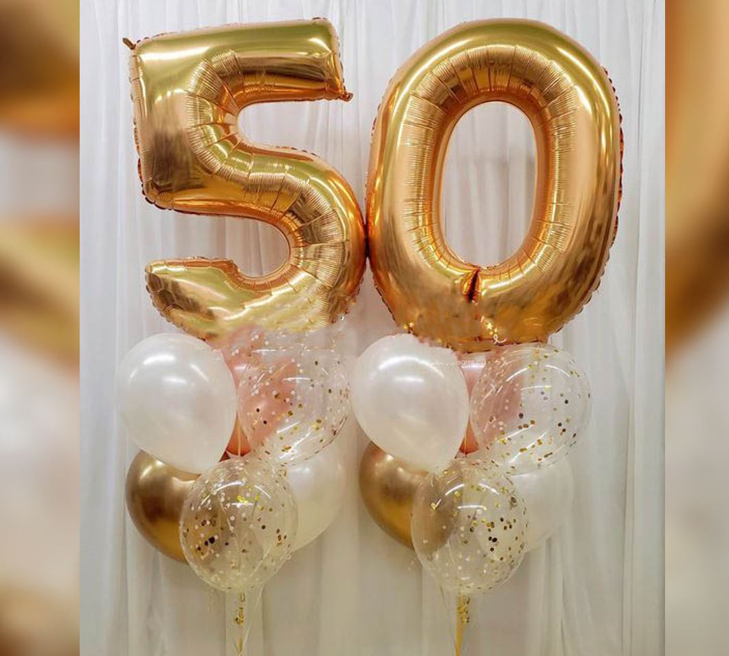 50th Birthday Gold Chrome And Confetti Balloon Bouquet