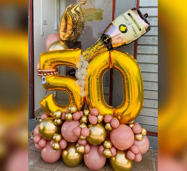 50th Birthday Champagne Bottle Chrome And Cluster Balloon Boquet