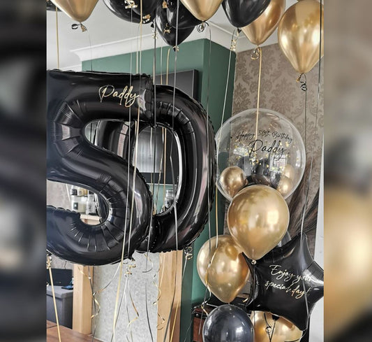 50th Birthday Perosnalized Bubble And Black & Gold Theme Balloon Bouquet