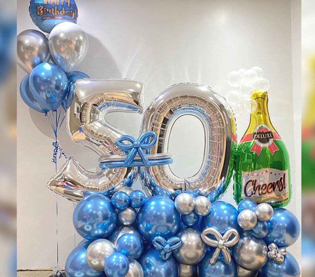 50th Birthday Champagne Bottle Chrome Cluster Balloon Bouquet