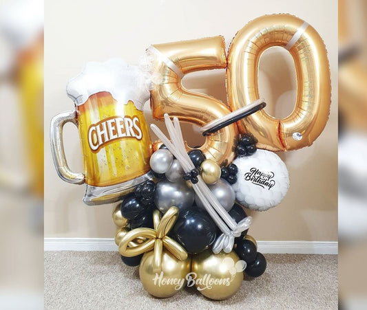 50TH Birthday Golf Theme Cheers Mug Balloon Bouquet