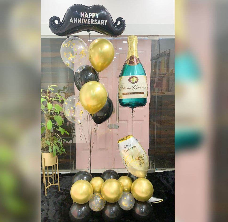 Happy Anniversary Champagne Bottle & Black Moustache Balloon Bouquet