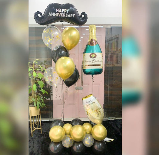 Happy Anniversary Champagne Bottle & Black Moustache Balloon Bouquet