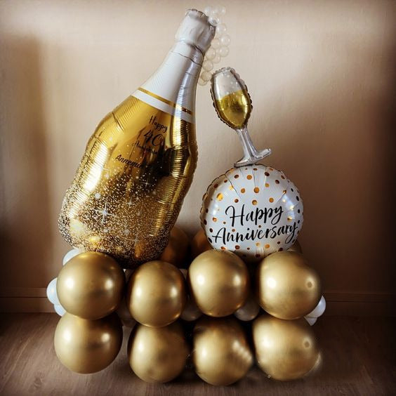 Happy Anniversary Champagne Bottle & Gold Latex Balloon Bouquet