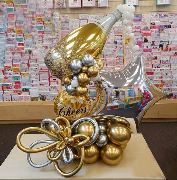 Champagne Bottle & Cheers Round Foil Silver Star Foil Balloon Bouquet