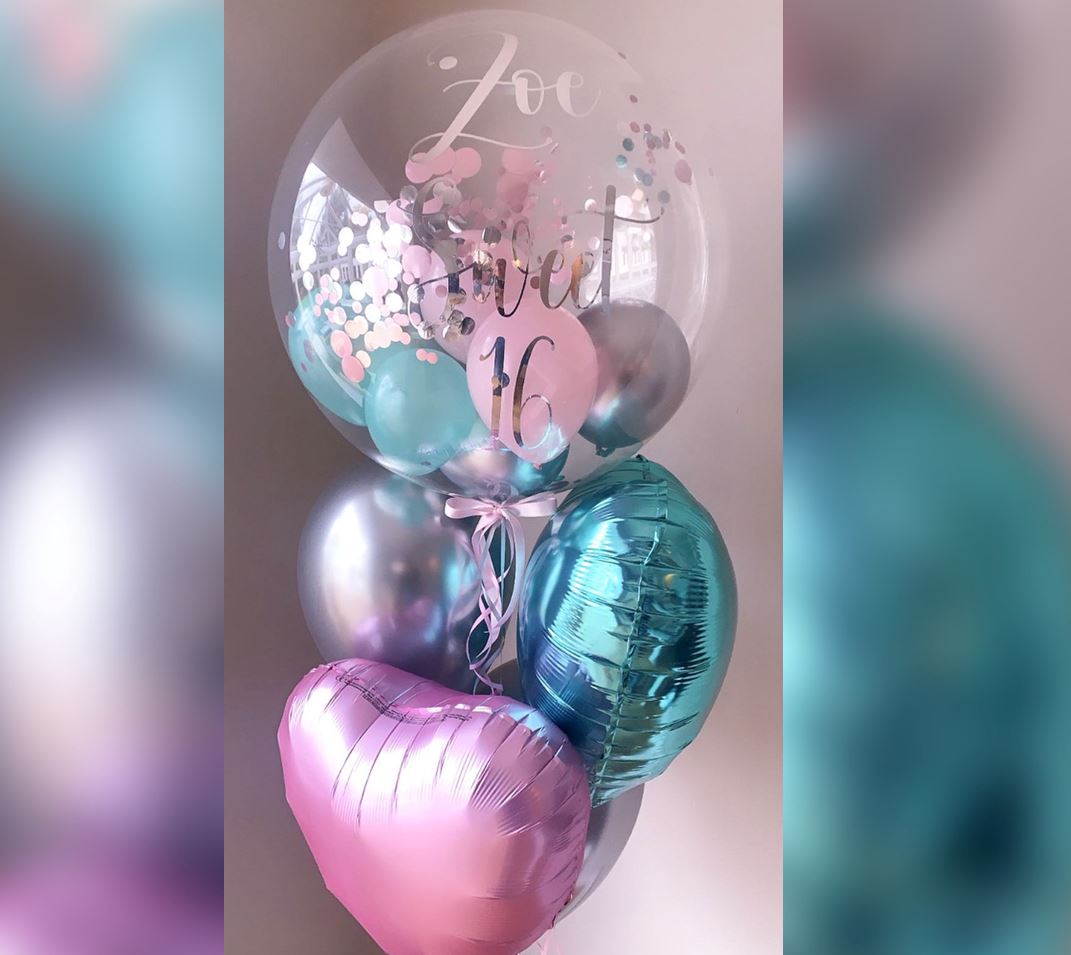 Personalized Confetti Bubble And Hearts Balloon Bouquet