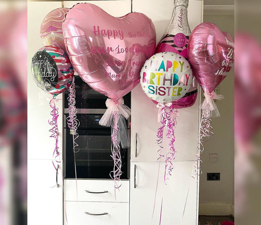HBD Sister Personalized Heart And Champagne Bottle Balloon Bouquet