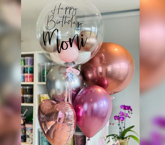 Rose Gold ORBz And Heart Balloon Bouquet Personalized Bubble Balloon Bouquet