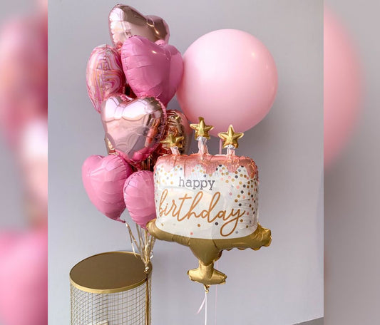 HBD Cake And Hearts Balloon Bouquet