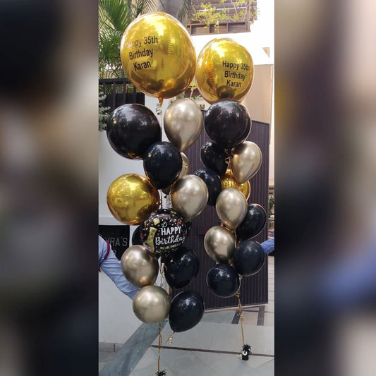 HBD Personalized Gold And Black ORBz Balloon Bouquet