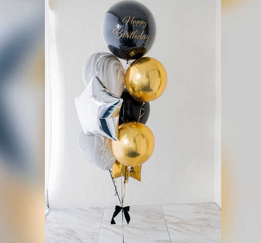 HBD Personalized Gold And Black ORBz Balloon Bouquet