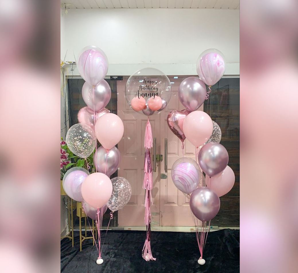 HBD Personalized Bubble And Pink  Confetti Balloon Bouquet