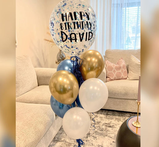 HBD Personalized Confetti Bubble And Chrome Balloon Bouquet