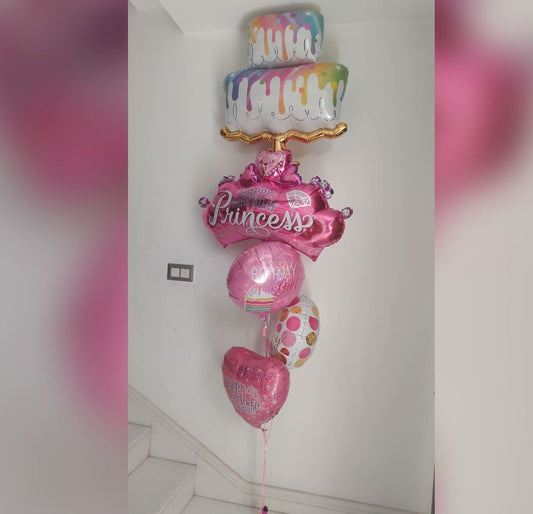 HBD Princess And Cake Rainbow Balloon Bouquet