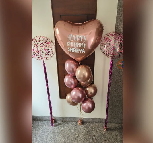 HBD Shreya Confetti Bubble And Rose Gold Balloon Bouquet