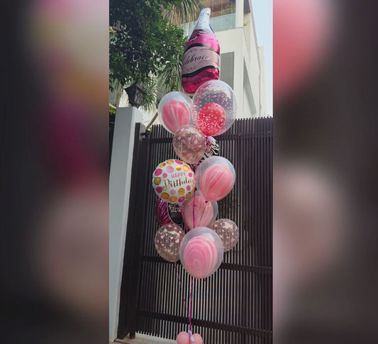 HBD Pink Champagne Bottle And Confetti Balloon Bouquet