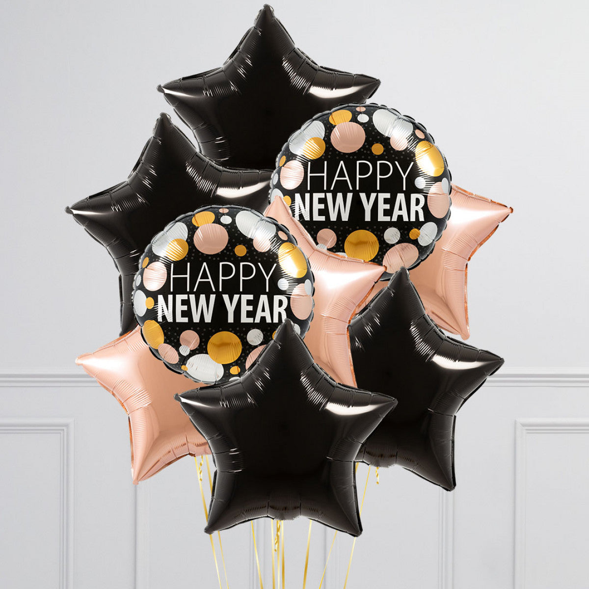 Happy New Year Black And Rose Gold Star Foil Balloon Bouquet