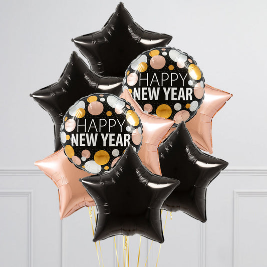 Happy New Year Black And Rose Gold Star Foil Balloon Bouquet
