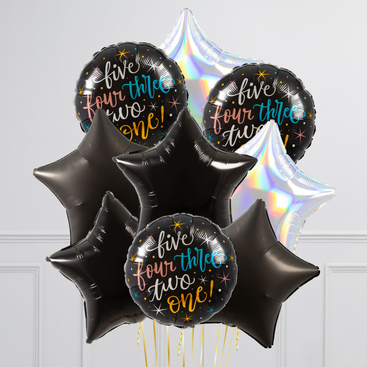 five four three two one Black Silver Star Theme Balloon Bouquet