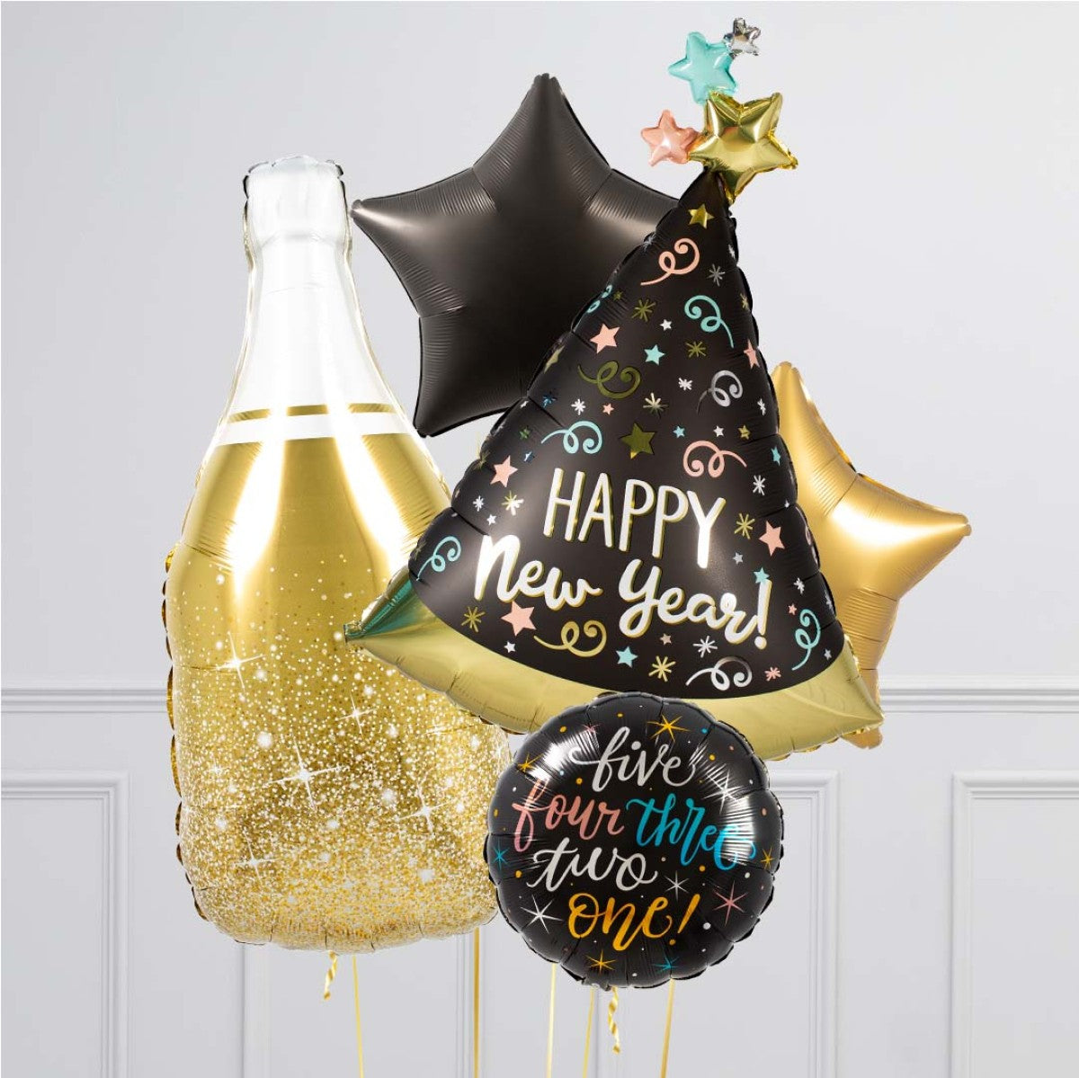 New Year Cone Hat Champagne Bottle Balloon Bouquet
