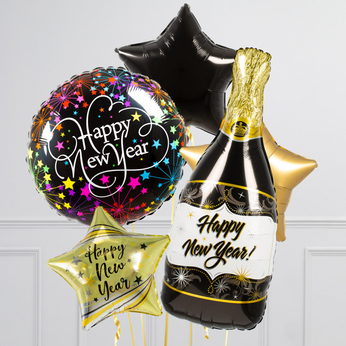 Happy New Year Stars Printed Champagne Balloon Bouquet