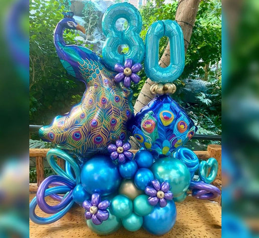 80th Birthday Glitter Peacock Cluster Balloon Bouquet