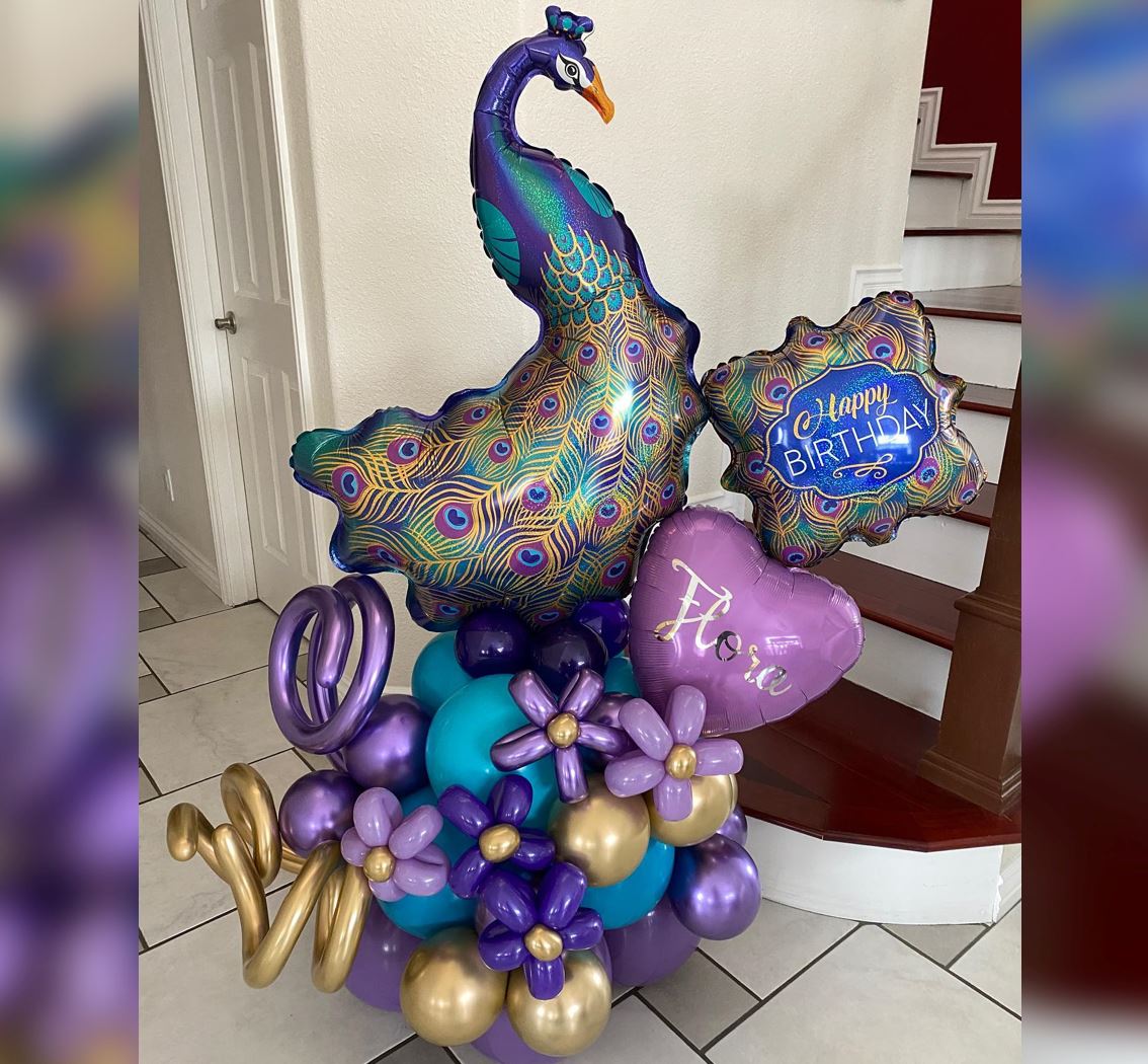 HBD Glitter Peacock Theme Cluster Balloon Bouquet