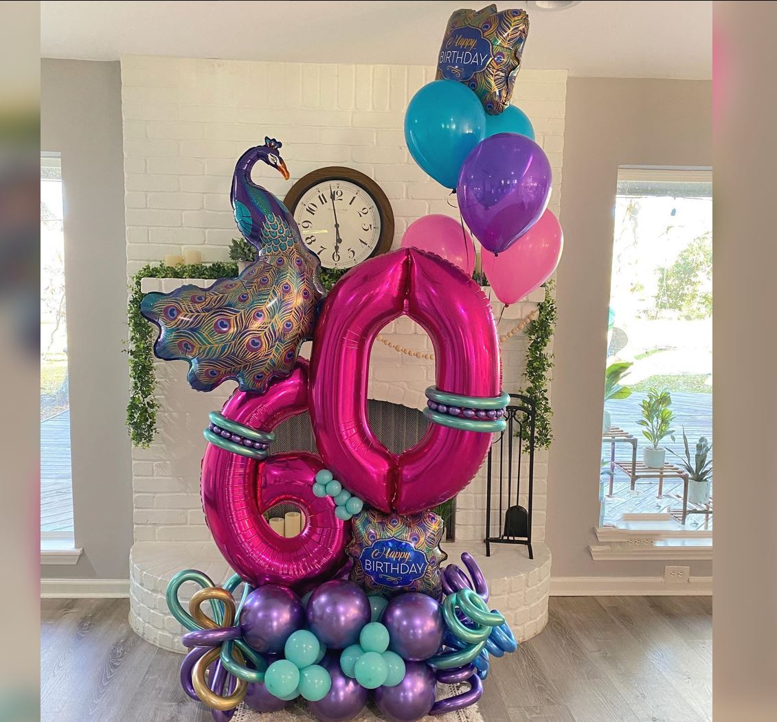 60th Birthday Glitter Peacock Cluster Balloon Bouquet