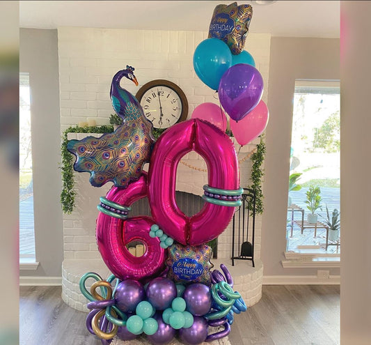 60th Birthday Glitter Peacock Cluster Balloon Bouquet