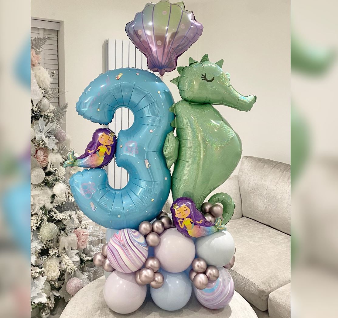 3rd Birthday Sea Shell Ombree And Sea Horse Cluster Balloon Bouquet
