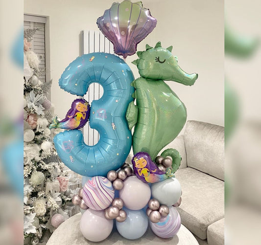 3rd Birthday Sea Shell Ombree And Sea Horse Cluster Balloon Bouquet