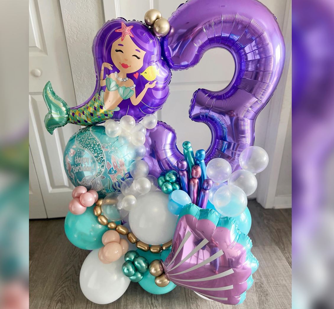 3rd Birthday Enchanting Mermaid And Sea Shell Ombree Cluster Balloon Bouquet