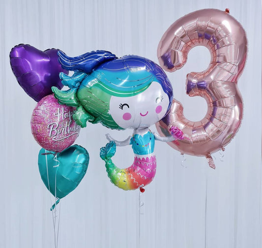 3rd Birthday Colorful Mermaid HBD Balloon Bouquet
