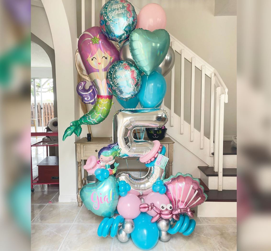 5th Birthday Enchanting Mermaid And Sea Shell Ombree Cluster Balloon Bouquet