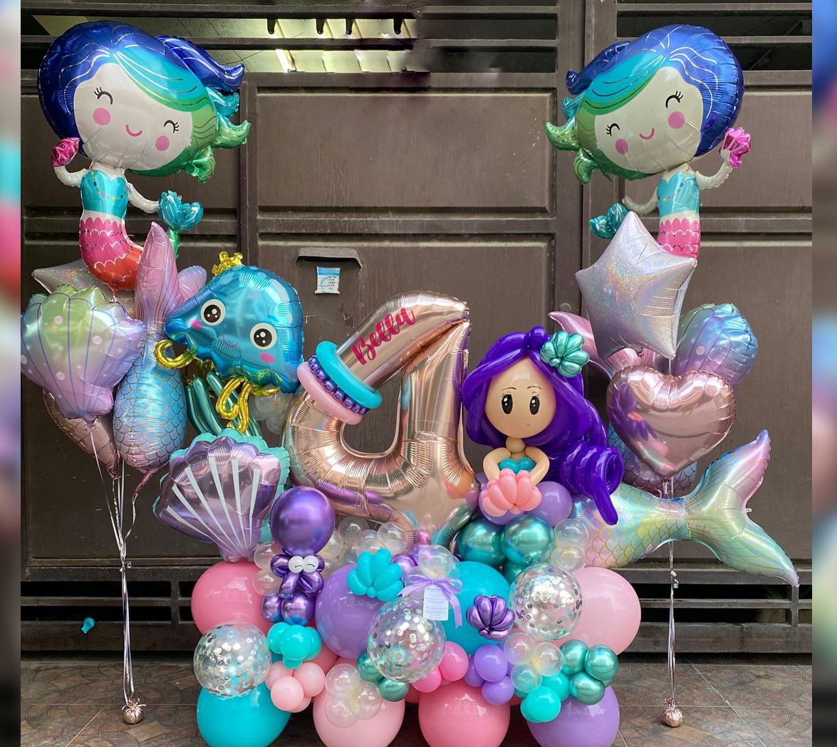 4th Birthday Colorful Mermaid Theme Cluster Balloon Bouquet