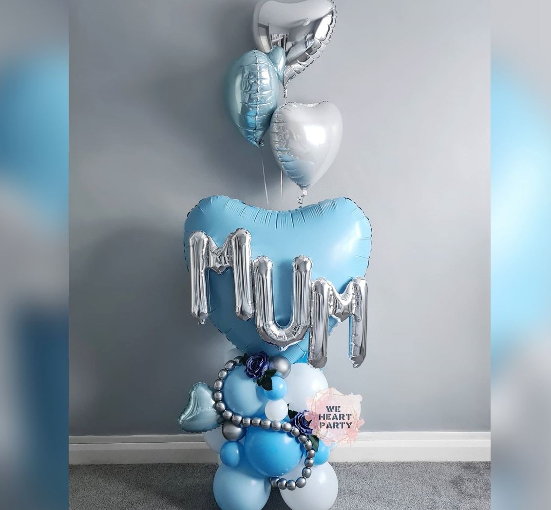 MUM Letter Jumbo Blue Heart Balloon Bouquet